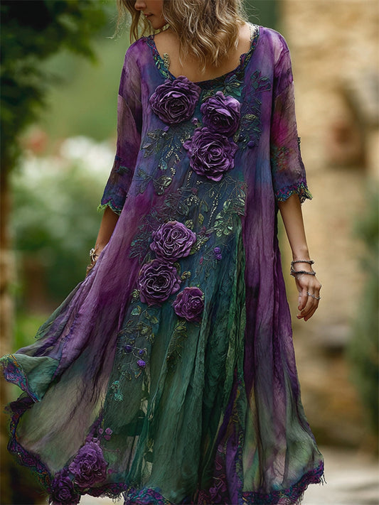 Vintage Purple Roses Glitter Fiber Art Forest Natural Dyed Flowy Dress artswardrobe