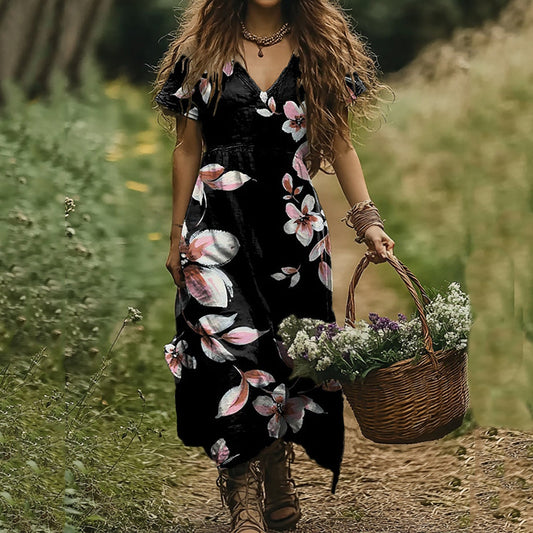 Women's Sakura Art Print V-neck Linen Blend Midi Dress artswardrobe