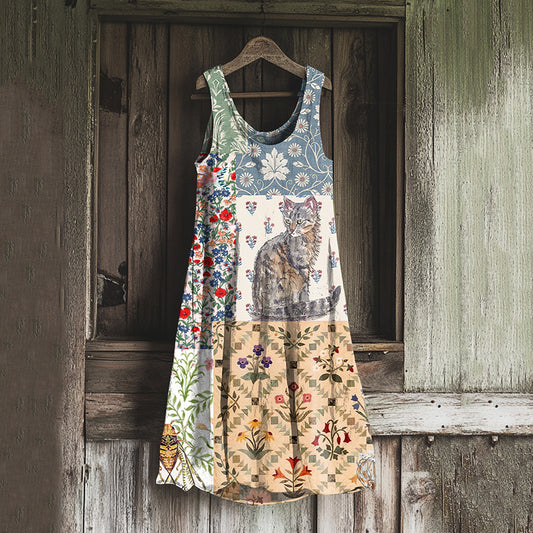 Vintage Patchwork Cute Cat And Floral Art Linen Tank Dress elevenforest