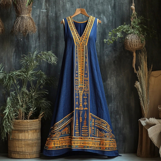 Egyptian Hieroglyphic Print Women's Linen Vest Maxi Dress artswardrobe