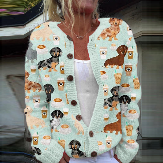 Comstylish Cute Dachshund Art Print Cozy Knit Cardigan