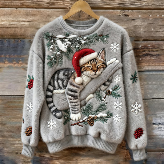 Comstylish Christmas Lazy Cat Art Women's Cozy Plush Sweater