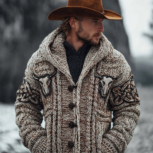 Men's Vintage Bull Skulls Chunky Cozy Knit Hooded Cardigan artswardrobe