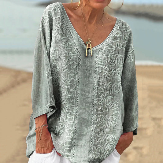 Vintage V-neck Loose Linen Blend T-shirt artswardrobe