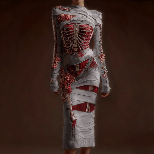 Comstylish Classy Skeleton Anatomy Bloody Roses Bandages Maxi Sweater Dress