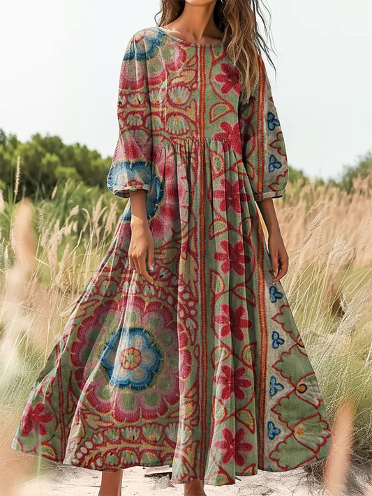 Women's Vintage Ethnic Floral Art Print Flowy Cotton Crew Neck Dress