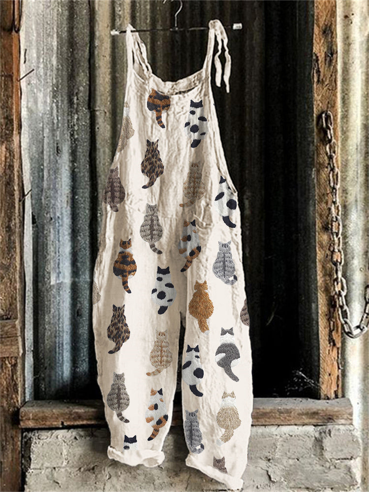 Comstylish Cute Cats Embroidery Pattern Linen Blend Casual Jumpsuit