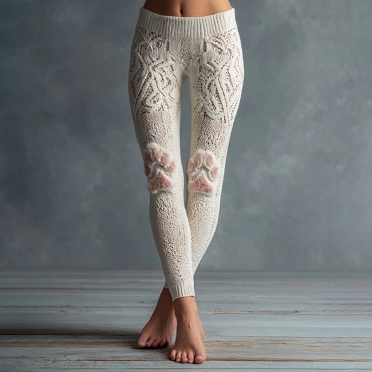 Comstylish Women's Cute Cat Cat Paw Embroidered Cozy Casual Leggings