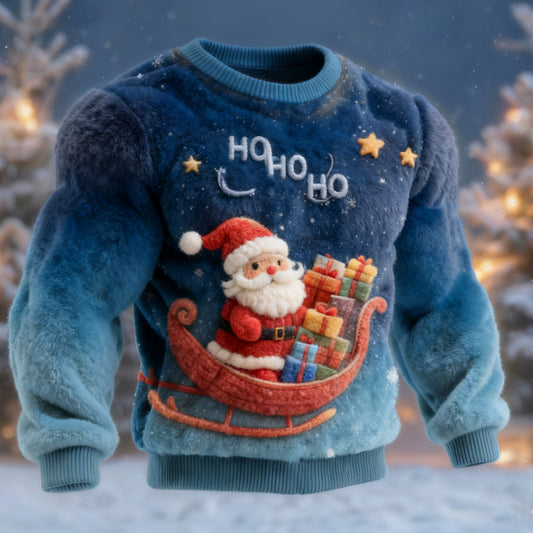 Comstylish Ho Ho Ho Christmas Stag Art Pattern Plush Warm Crew Neck Sweater