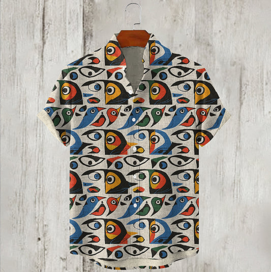 Abstract Art Geometric Bird Graphics Print Linen Men's Shirt artswardrobe