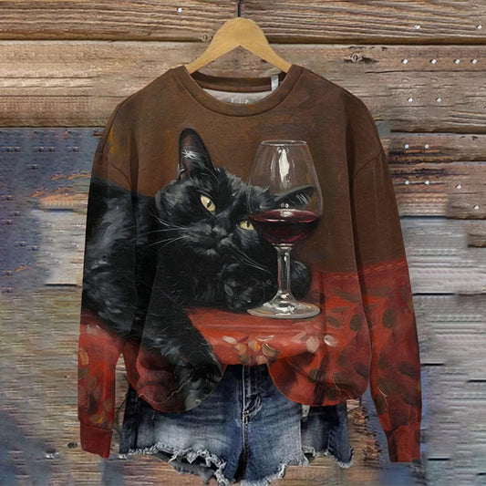 Comstylish Women's Cat Drinking Red Wine Art Print Round Neck Casual Sweatshirt