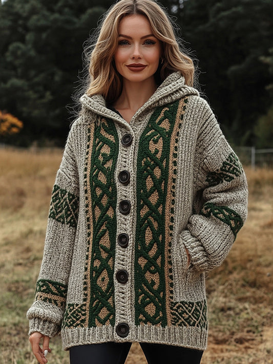 Women's Irish Celtic Jacquard Hooded Button Up Cardigan Sweater elevenforest