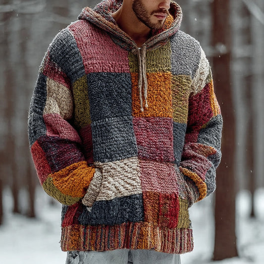 Men's Vintage Geometric Block Knit Knitted Warm Hooded Sweater artswardrobe