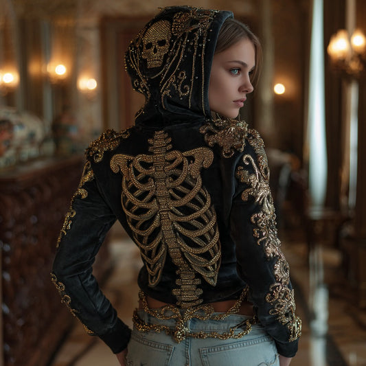 Comstylish Women's Gothic Skull And Floral Embroidery Comfortable Hoodie