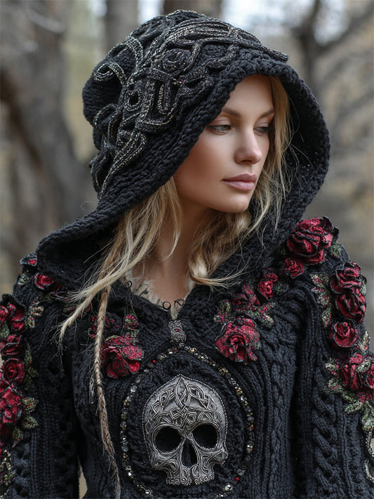 Comstylish Vintage Red Roses Skull Beaded Celtic Hooded Cozy Knit Sweater