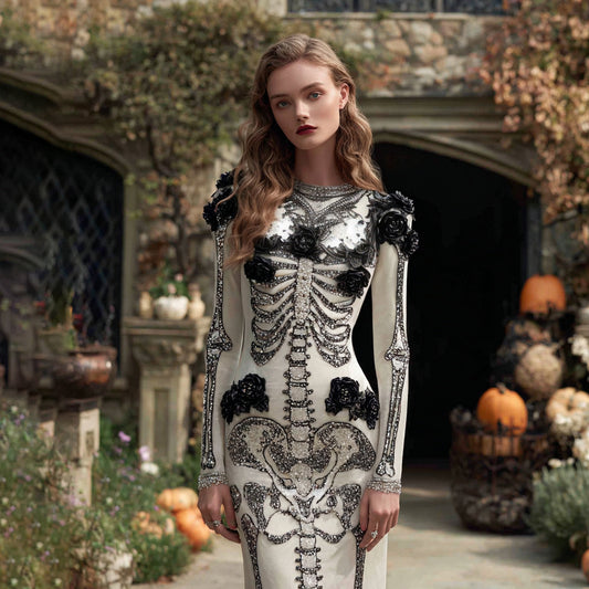 Comstylish Women's Halloween Skeleton Bones Rose Velvet Maxi Dress