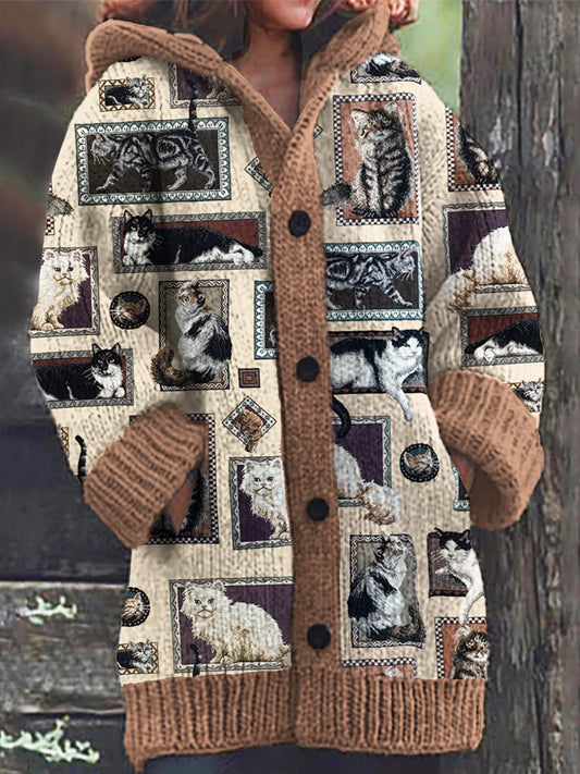 Comstylish Cats In Picture Frames Women's Hooded Sweater Cardigan