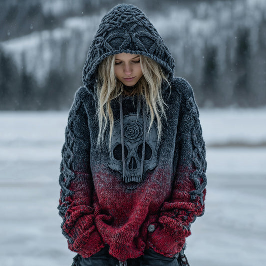 Women's Vintage Viking Tribal Celtic Skull Gradient Hooded Sweater elevenforest