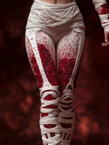 Comstylish Vintage Skeleton Anatomy Bloody Roses Bandages Knit Leggings