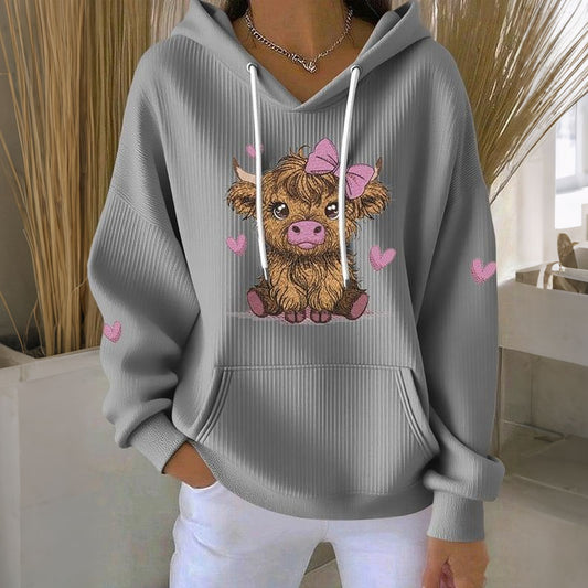 Comstylish Women's Cute Heart Highland Cow Print Long Sleeve Casual Hoodie
