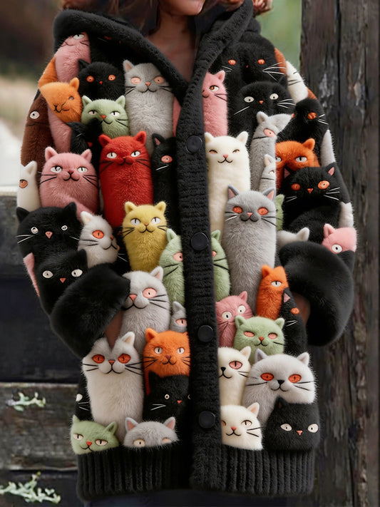 Comstylish Cute Crowded Cats Art Pattern Fuzzy Cozy Hooded Cardigan