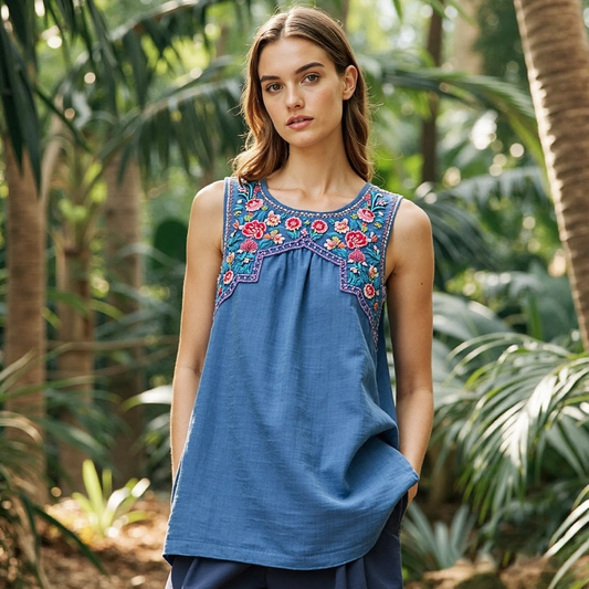 Women's Ethnic Floral Linen Vest artswardrobe