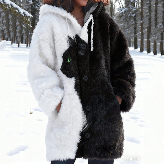 Comstylish Vintage Black Cat Art Cozy Knit Hooded Cardigan