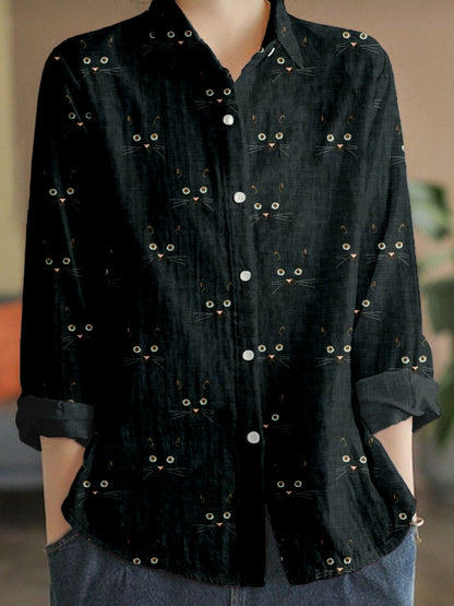 Cute Cat Face Pattern Linen Blend Cozy Blouse elevenforest