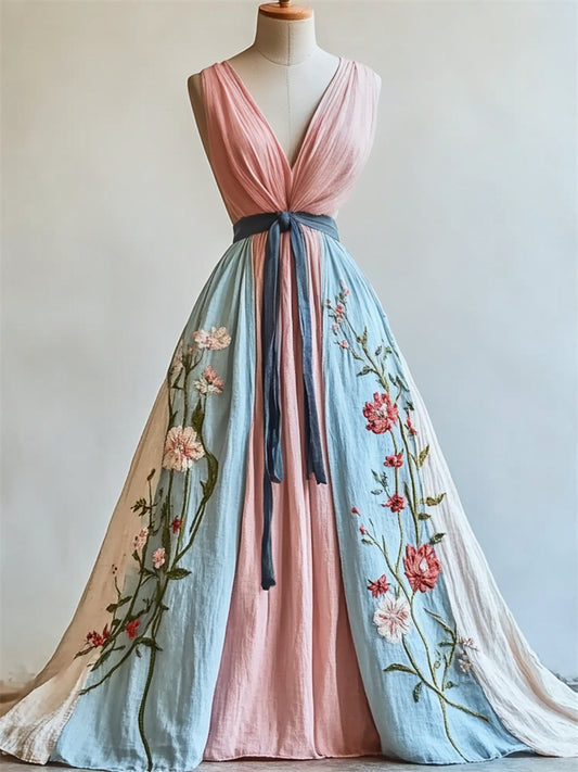 Floral Embroidered Trans Inspired Colorblock Linen Maxi Dress artswardrobe