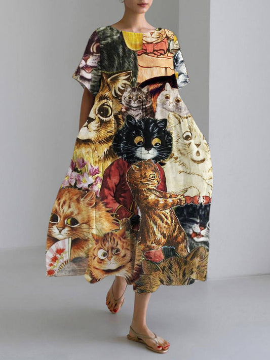 Vintage Cute Cat Print Women's Linen Maxi Dress artswardrobe