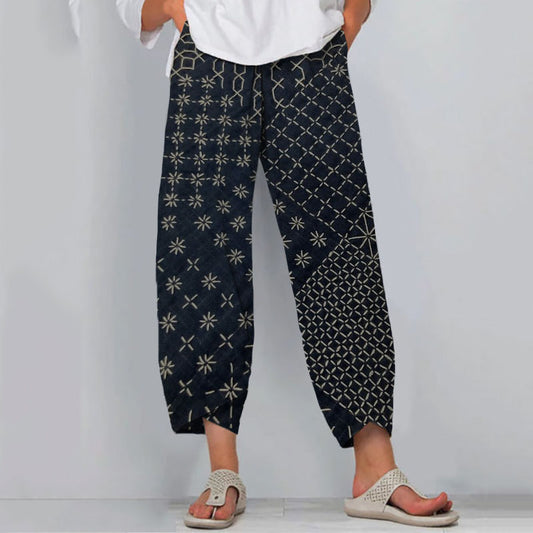 Comstylish Japanese Traditional Sashiko In Floral Patchwork Art Pattern Art Cropped Casual Pants