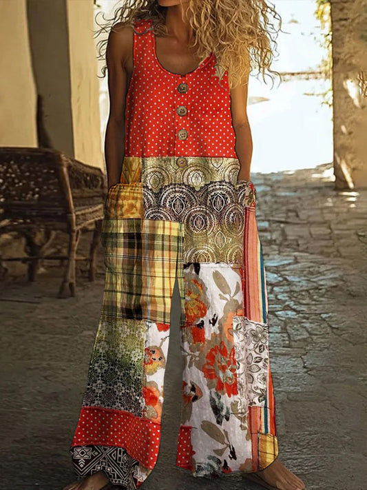 Vintage Square Patchwork Polka Dot Art Women's Linen Wide Leg Jumpsuit artswardrobe