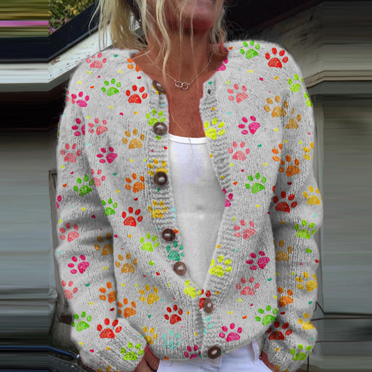 Comstylish Dog Paw Print Long Sleeve Casual Knitted Cardigan