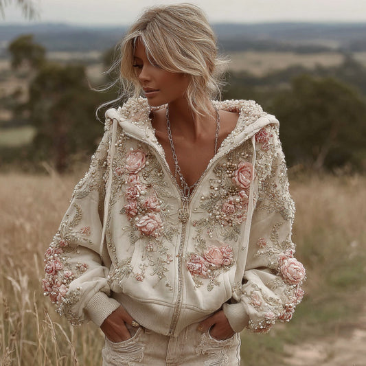 Women's Vintage Pink Floral Embroidery Art Casual Zip Pu Hoodie