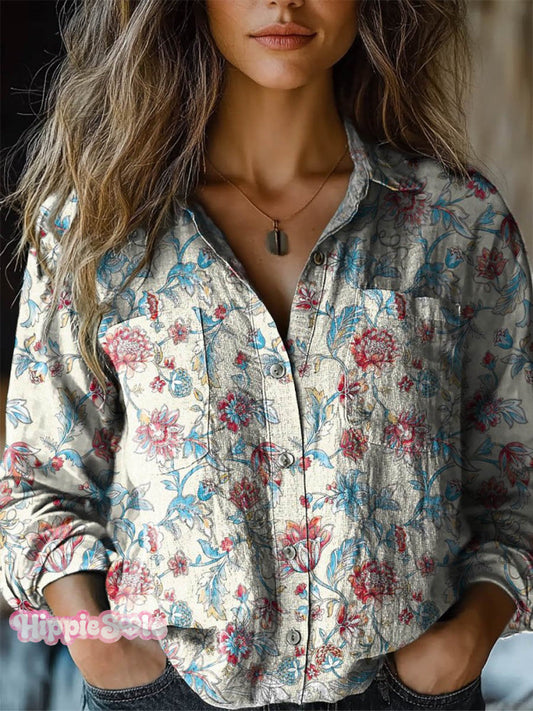 Women's Vintage Lovely Floral Art Print Casual Long Sleeve Comfortable
