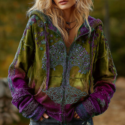 Comstylish Women's Vintage Viking Tree Of Life Cozy Warm Zip Hoodie Cardigan