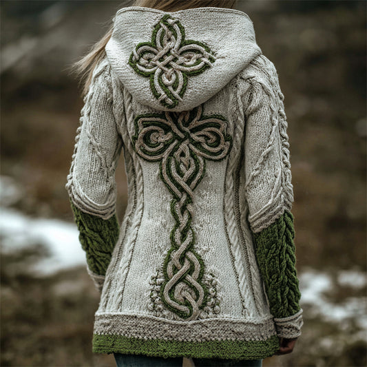 Shamrock Celtic Cross Celtic Knot Chunky Cozy Hooded Cardigan artswardrobe