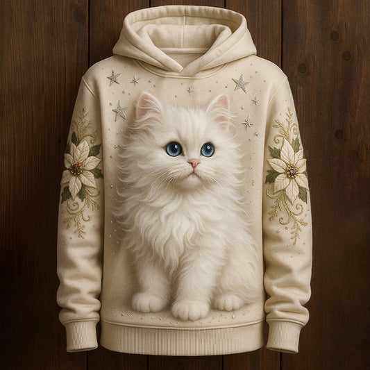 Comstylish Women's Cute Cat With Floral Art Hoodie