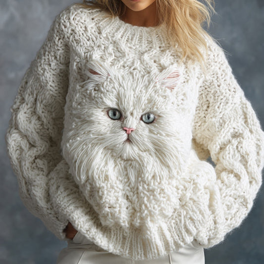 Women's Cute Cat Face Embroidered Cozy Knit Sweater