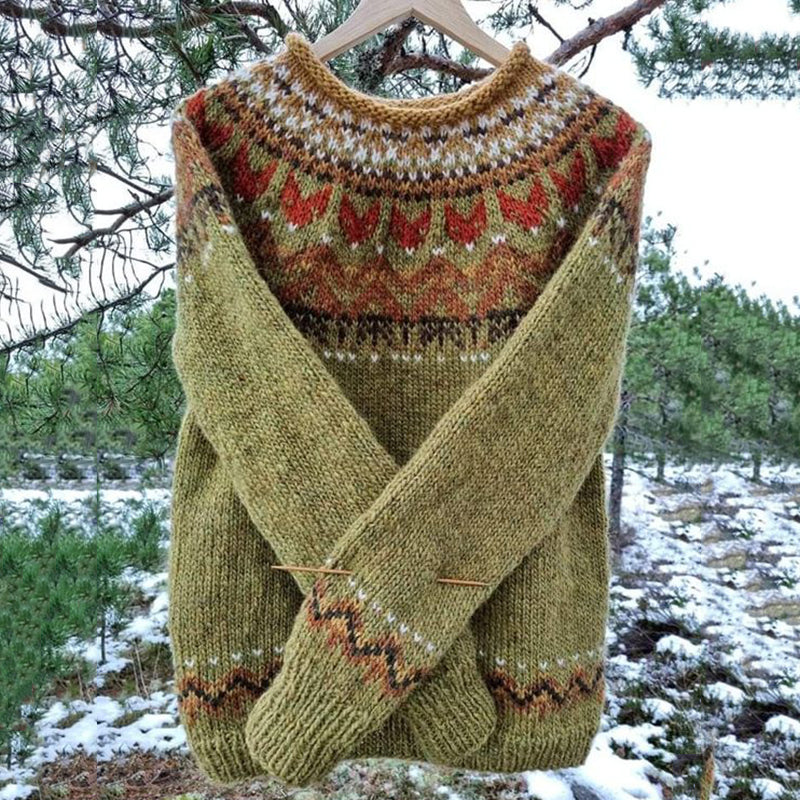 Vintage Icelandic Knit Jacquard Warmth Crew Neck Sweater（Unisex） artswardrobe