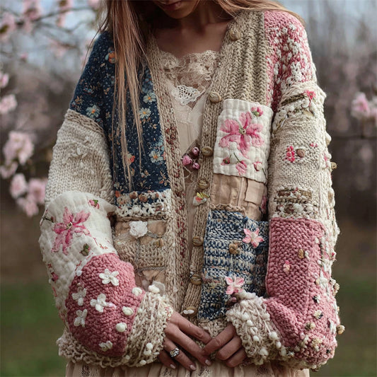 Cherry Blossom Embroidered Japanese Sashiko Patchwork Cozy Knit Cardigan artswardrobe