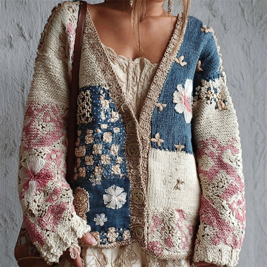 Comstylish Cherry Blossom Japanese Sashiko Colorblock Cozy Knit Cardigan