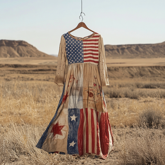 Women's Vintage Independence Day Flag Color Distressed Print Long Sleeve Dress artswardrobe