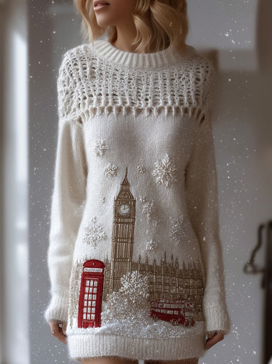 Classy Christmas Snowy London Embroidered Sweater Dress artswardrobe