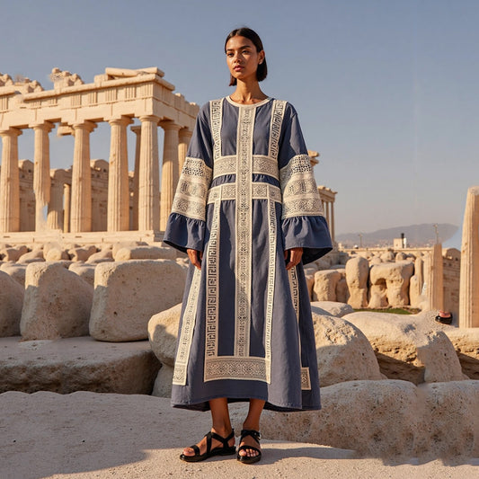 Vintage Greek Key Crew Neck Linen Midi Dress artswardrobe
