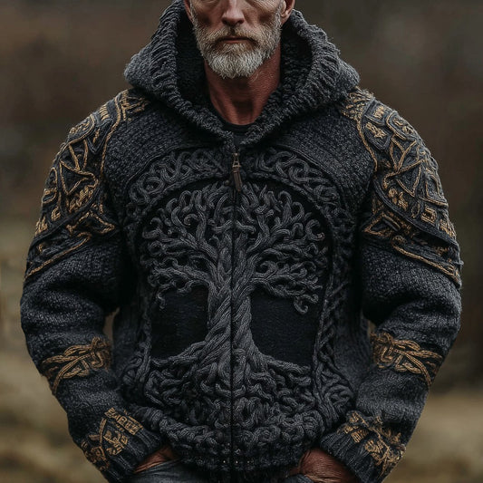 Men's Vintage Viking Life Of Tree Jacquard Knit Zipper Aran Sweater Hooded Cardigan artswardrobe
