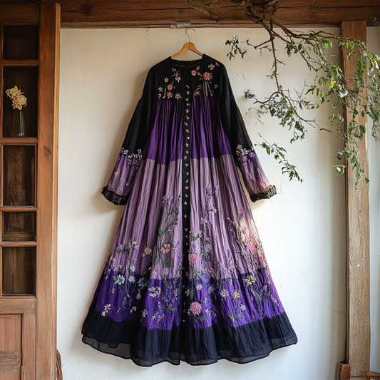 Vintage Boho Lavender Gradient Lace Art Linen Round Neck Maxi Dress artswardrobe