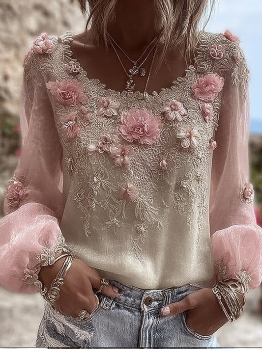 Comstylish Bohemian Heavy Industry Flower Light Vintage Round Neck Top