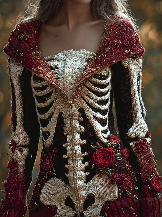 Comstylish Vintage Skeleton Bloody Roses Hooded Sweater Cardigan