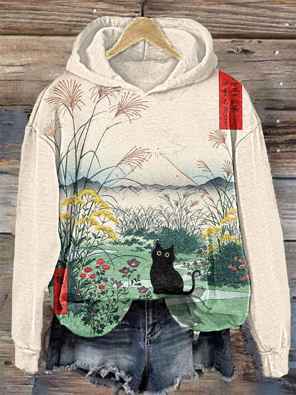 Japanese Art Painting Black Cat Print Casual Cozy Hoodie elevenforest